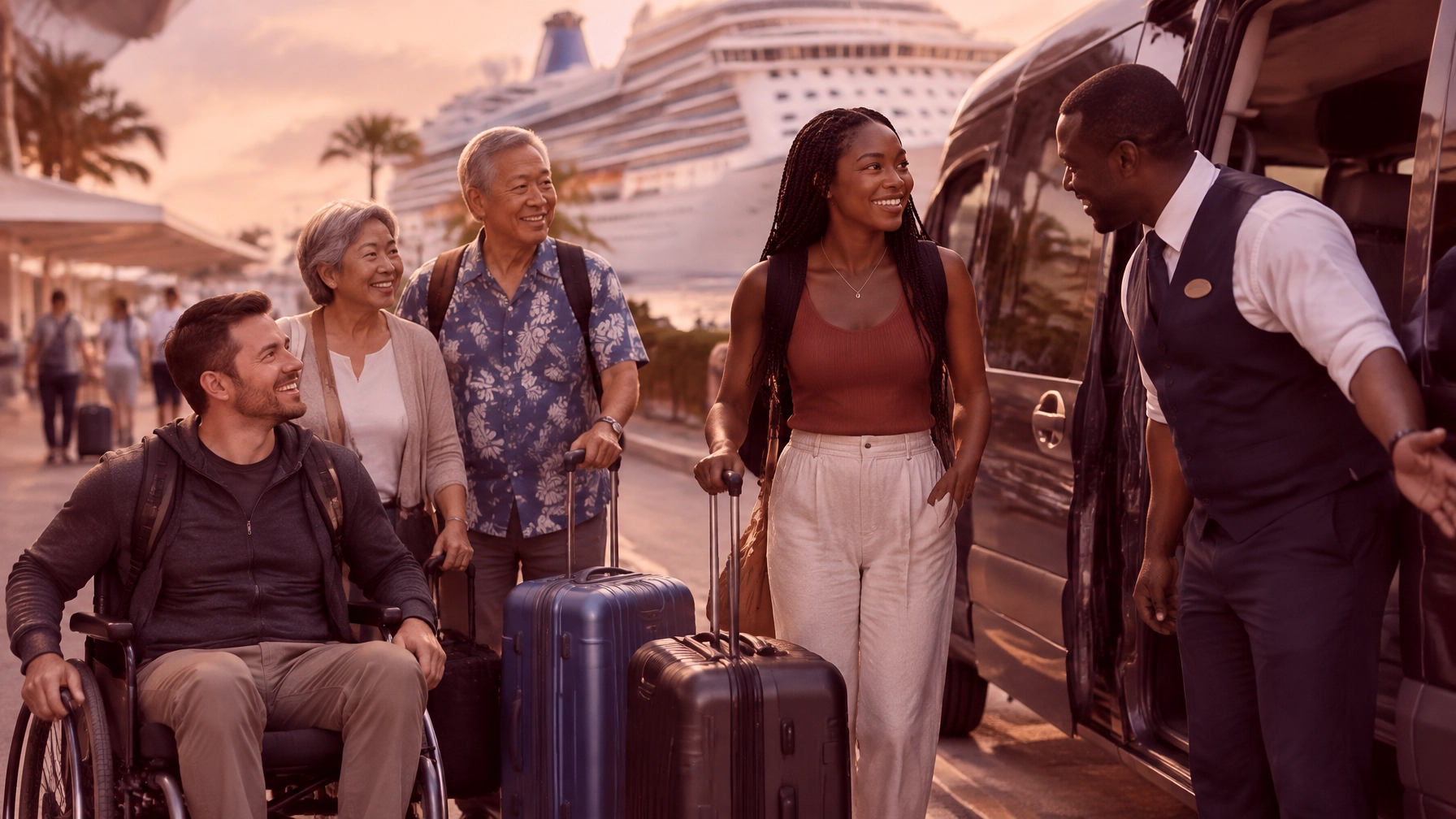 Cruise travelers with luggage greeted by a shuttle driver