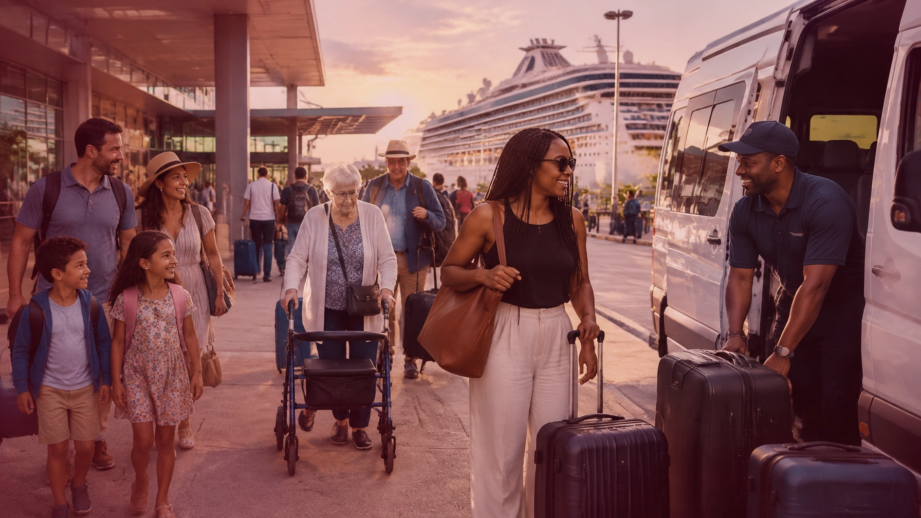 Cruise travelers meeting a shuttle driver at the port