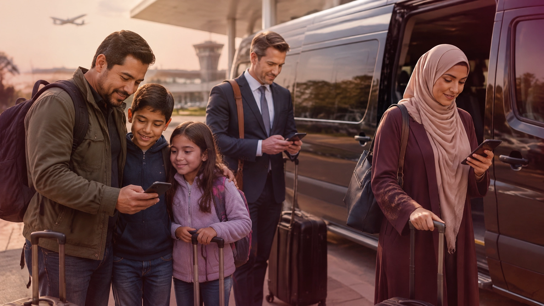 Family and other travelers beside a shuttle van at an airport